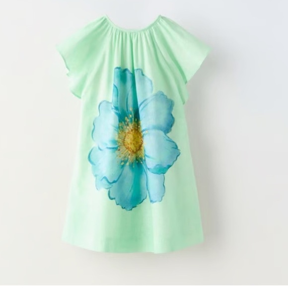 Zara Girls Green Linen Blend Dress Size 4 Floral Made In Spain - Picture 1 of 7